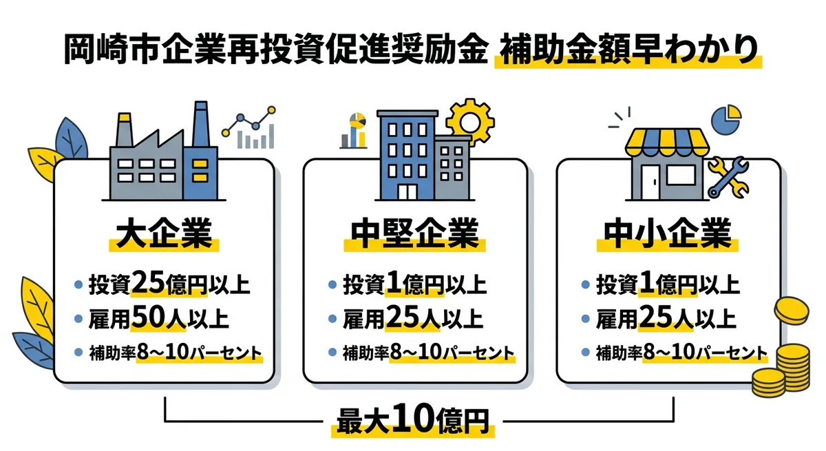 岡崎市企業再投資促進奨励金 補助金額と要件早わかり図