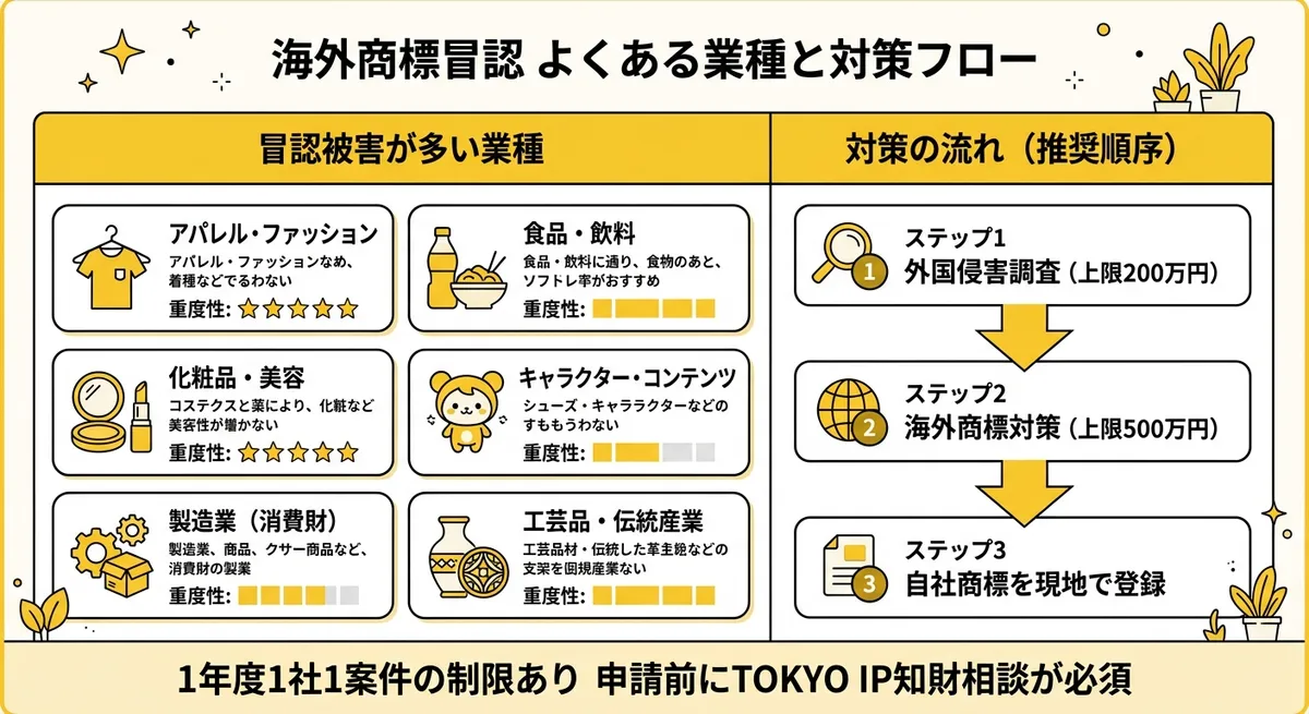 業種別・商標冒認被害の多い国と対策ルート比較図