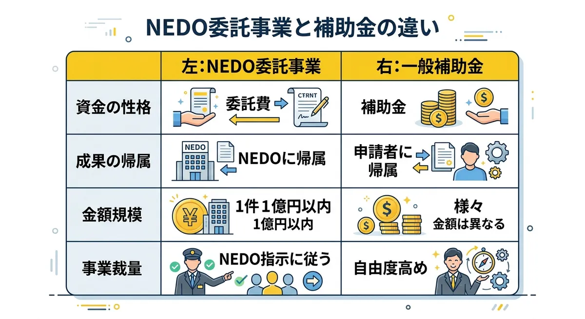 NEDO委託事業と一般補助金の違い比較表