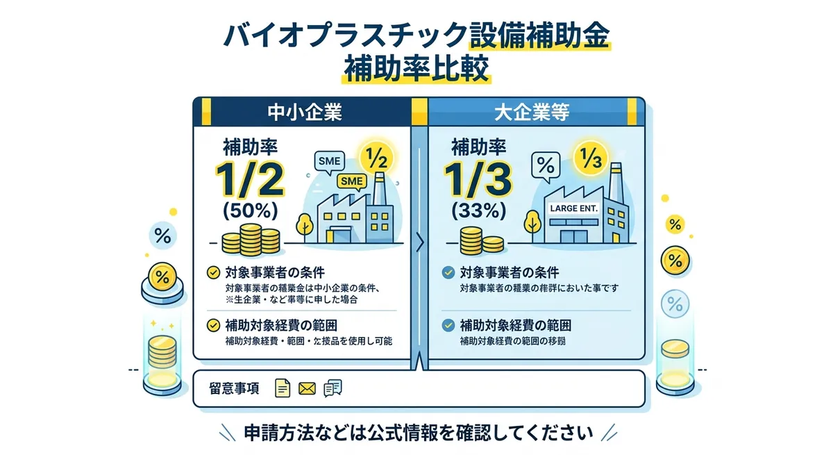 バイオプラスチック設備補助金の補助率比較（中小企業1/2・大企業1/3）