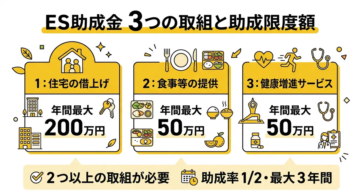 ES助成金 3つの取組と助成限度額の図解