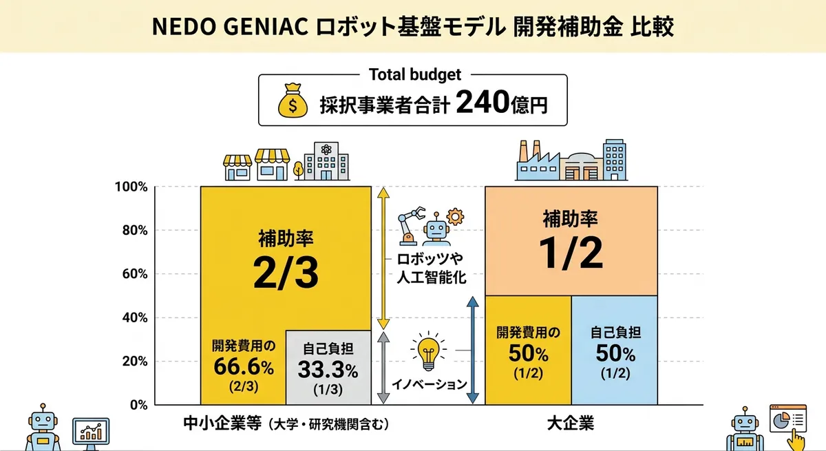 NEDO GENIACロボット基盤モデル補助事業：補助率と予算規模の比較