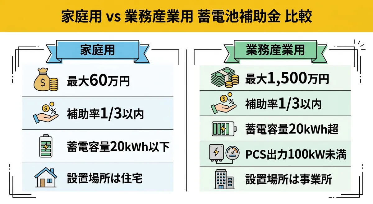 家庭用 vs 業務産業用 蓄電池補助金 比較