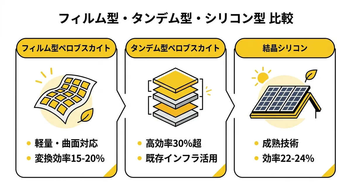 フィルム型・タンデム型・シリコン型 太陽電池の比較インフォグラフィック