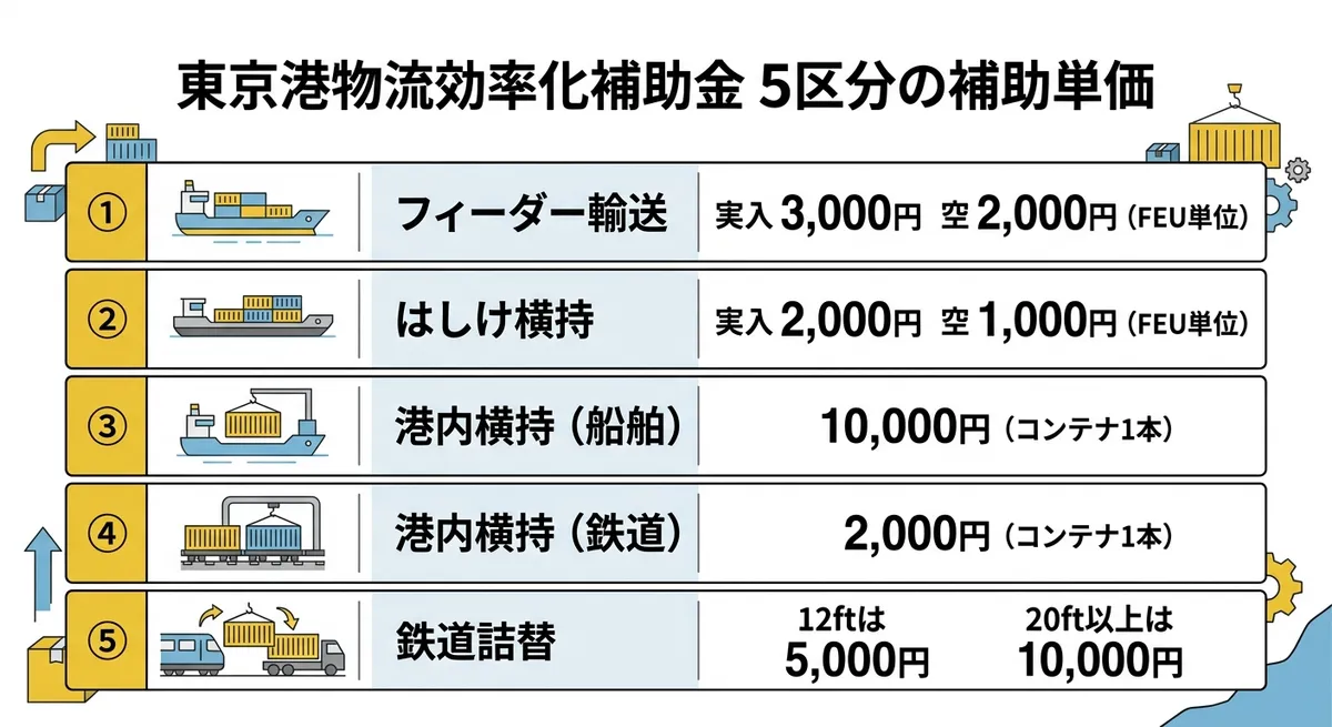 東京港物流効率化補助金 5区分の補助単価一覧