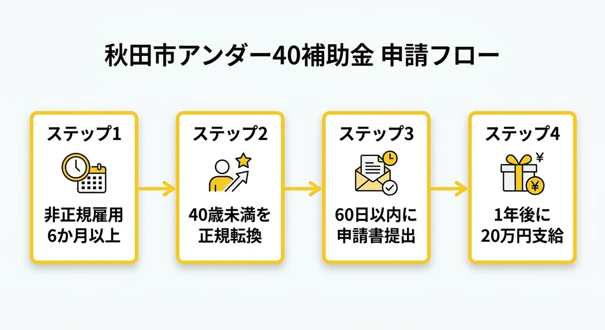 申請フロー図（秋田市アンダー40正社員化促進事業補助金）