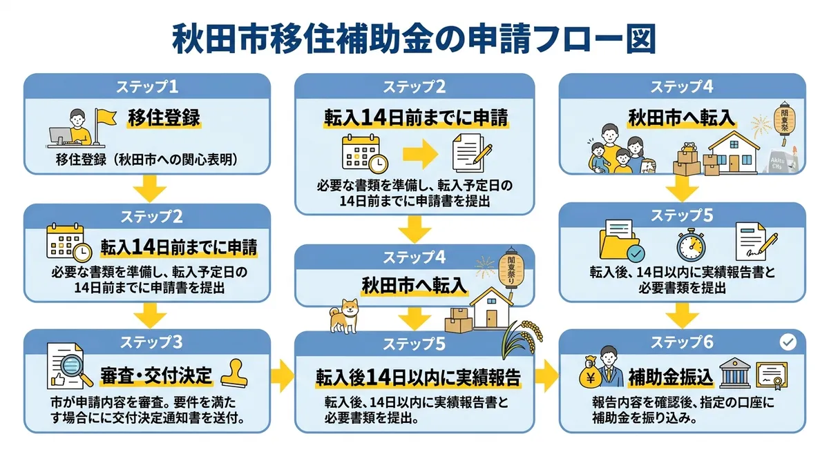 申請フロー（秋田市子育て世帯移住促進事業補助金）