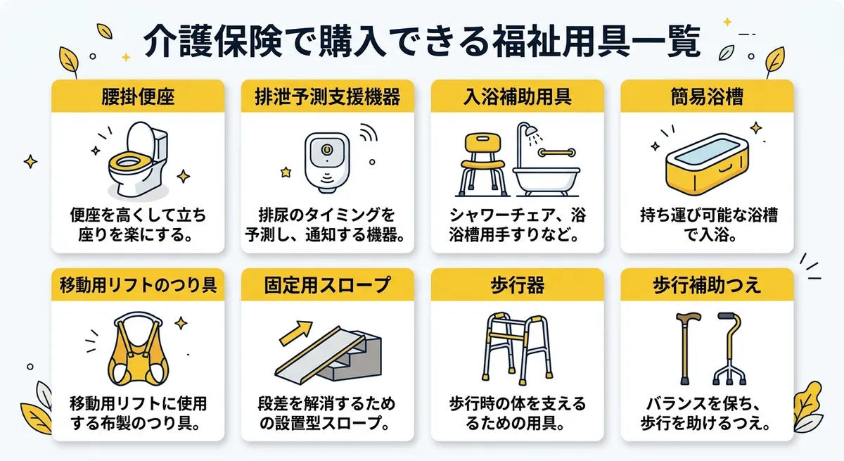 介護保険で購入できる福祉用具一覧