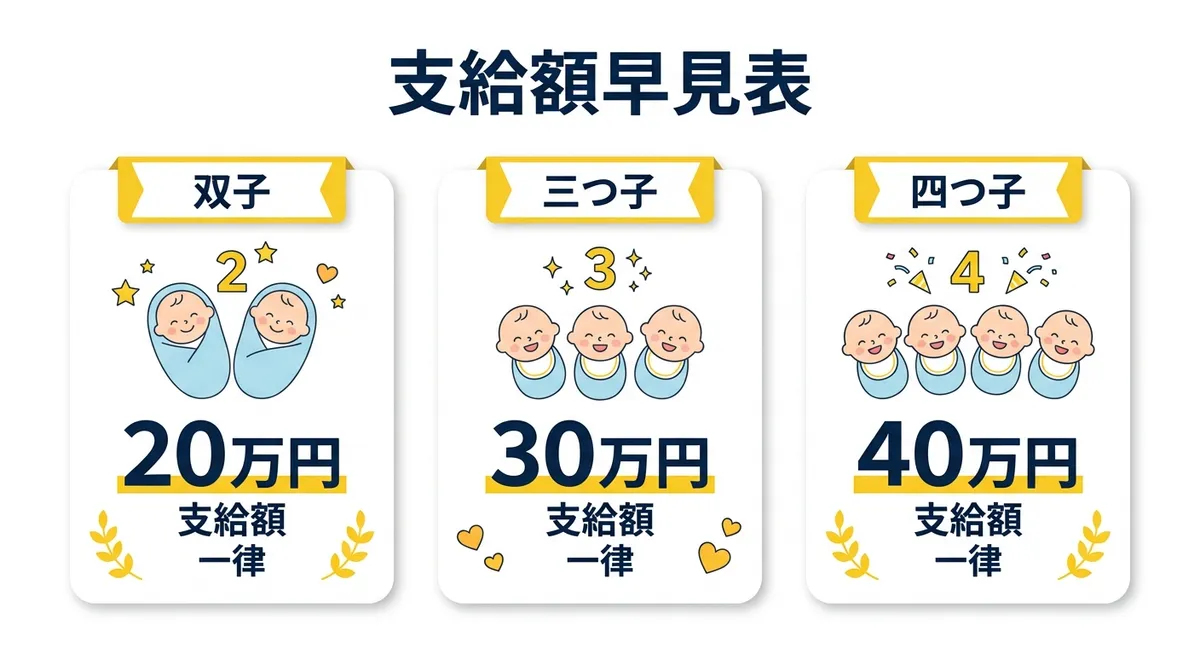 支給額早見表・三つ子30万円・四つ子40万円