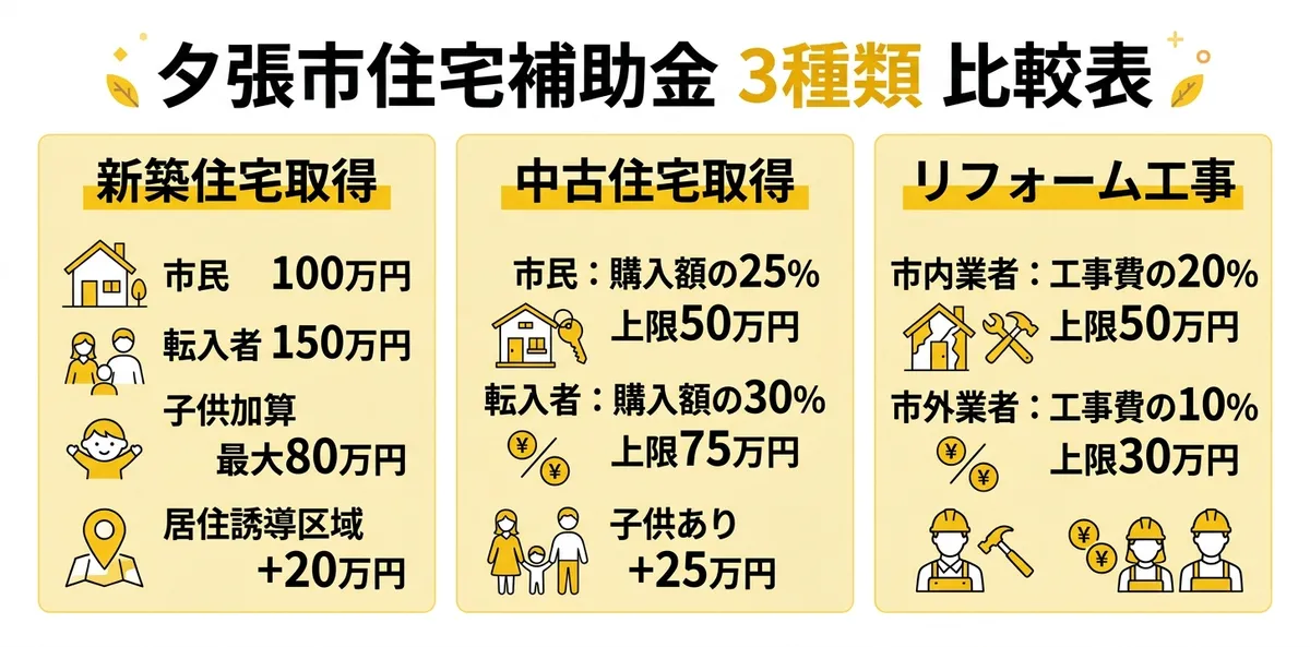 夕張市住宅補助金 3種類 比較表