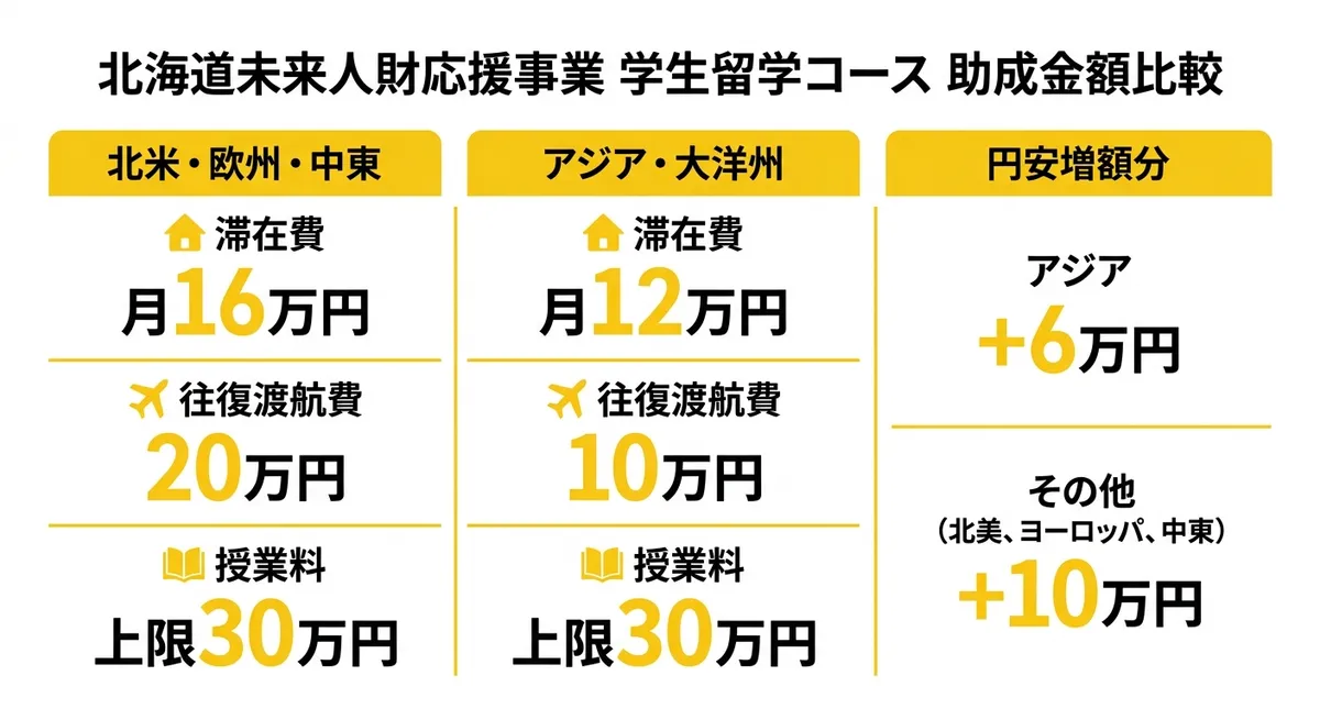 北海道未来人財応援事業 学生留学コース 助成金額比較