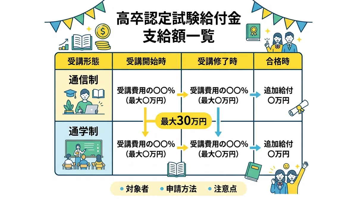 高卒認定試験給付金 支給額一覧(通信制と通学制の比較表)