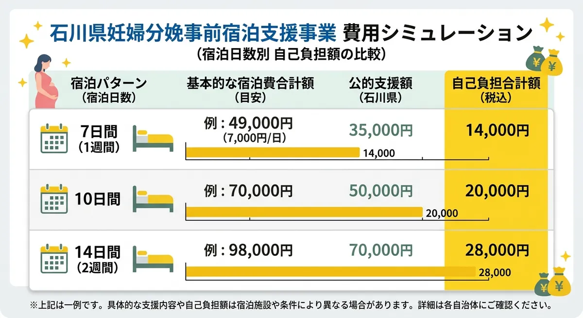 石川県妊婦分娩事前宿泊支援事業 費用シミュレーション（7日間・10日間・14日間）
