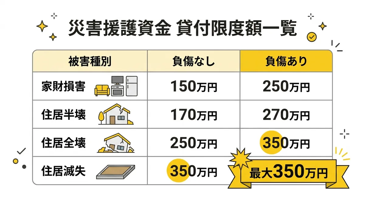 災害援護資金 貸付限度額一覧