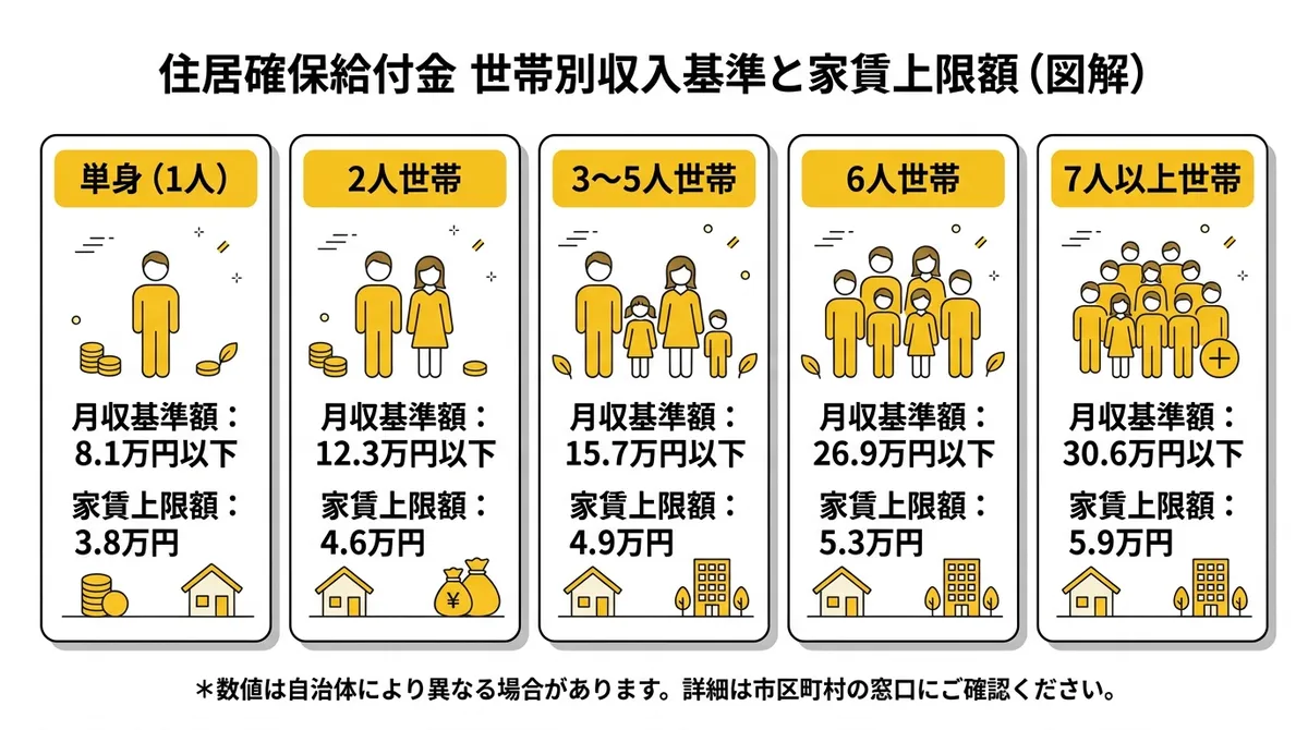 住居確保給付金 世帯別収入基準と家賃上限額