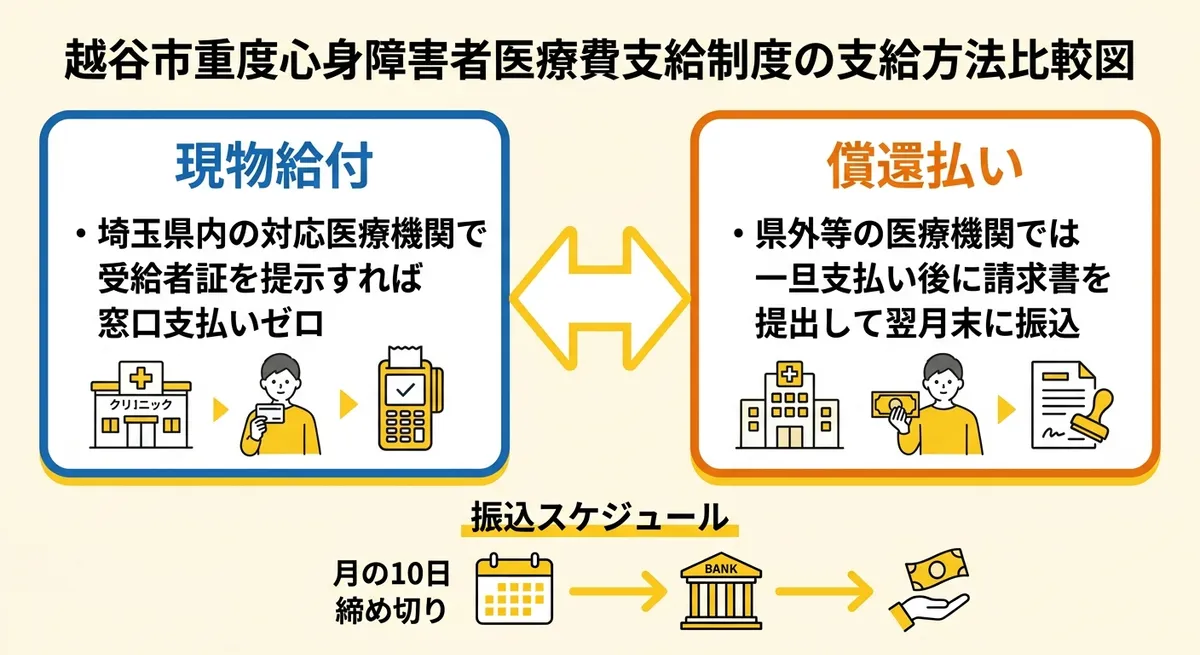 越谷市重度心身障害者医療費 支給方法比較図（現物給付と償還払い）