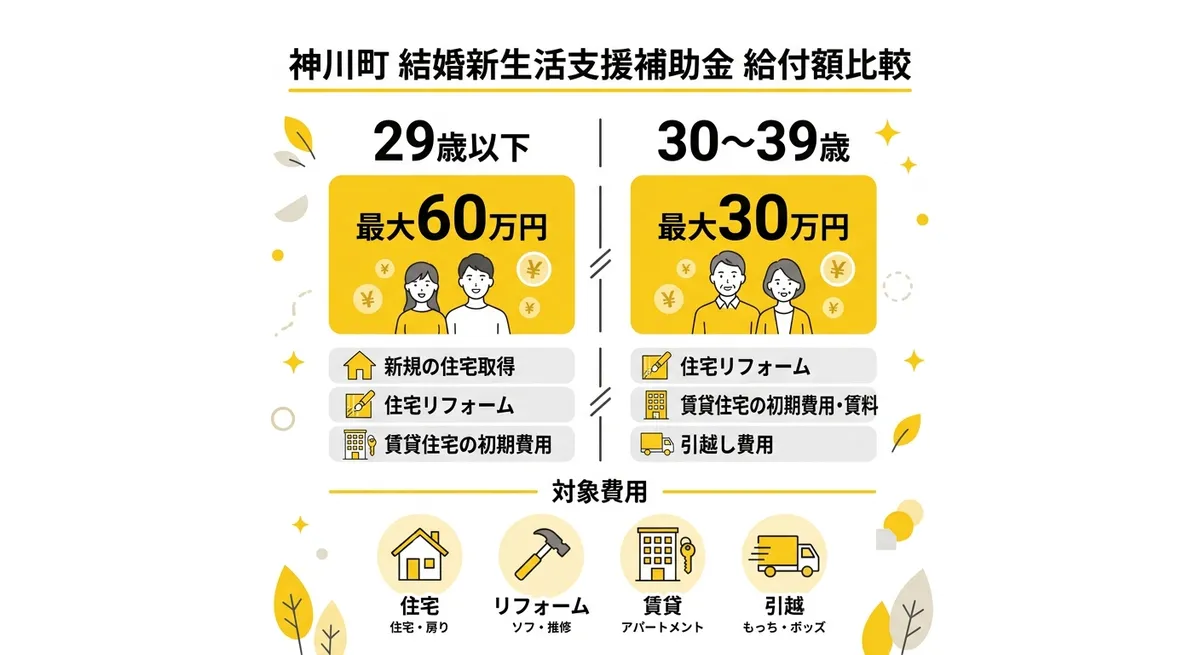 給付額比較図: 29歳以下は最大60万円、30〜39歳は最大30万円