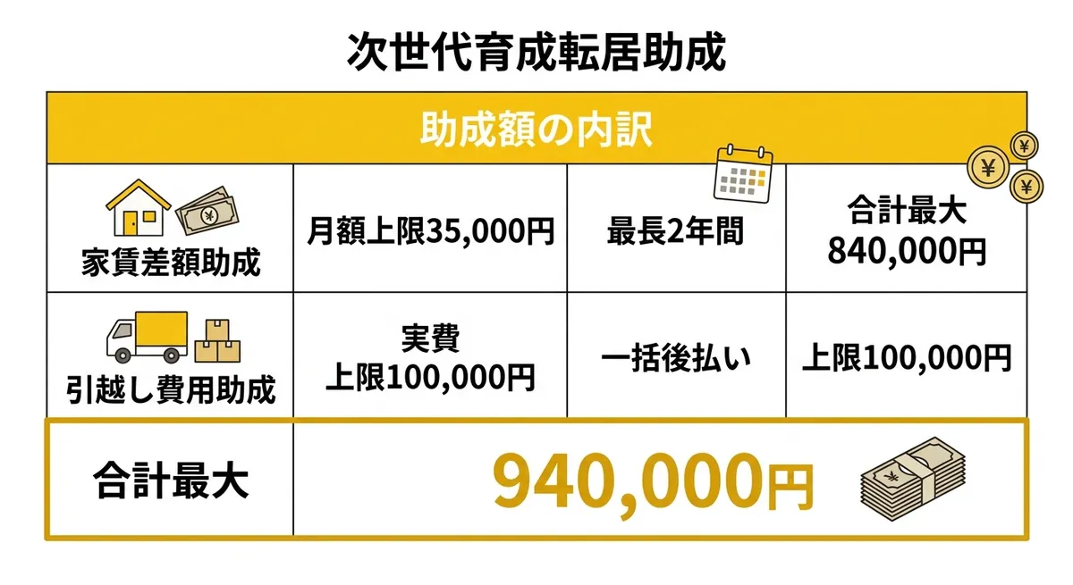 次世代育成転居助成 助成額の比較表