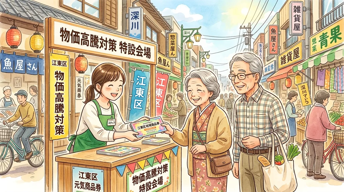江東区の商店街で商品券を受け取る高齢夫婦のイラスト