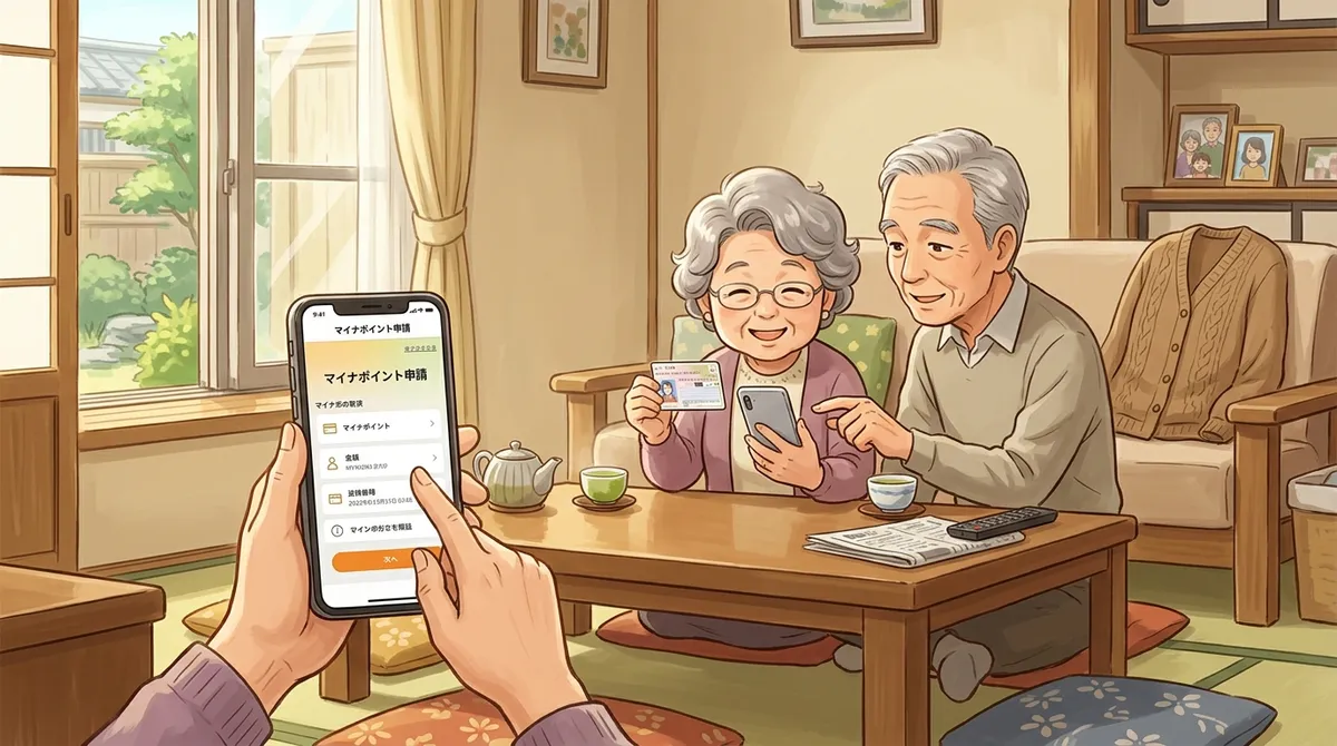 マイナンバーカードでスマートフォンからマイナポイントを申請する高齢者