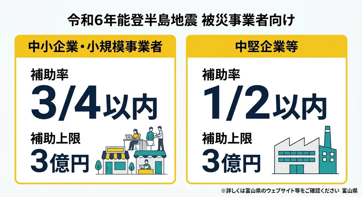 富山県なりわい再建支援補助金 対象者と補助率の比較図