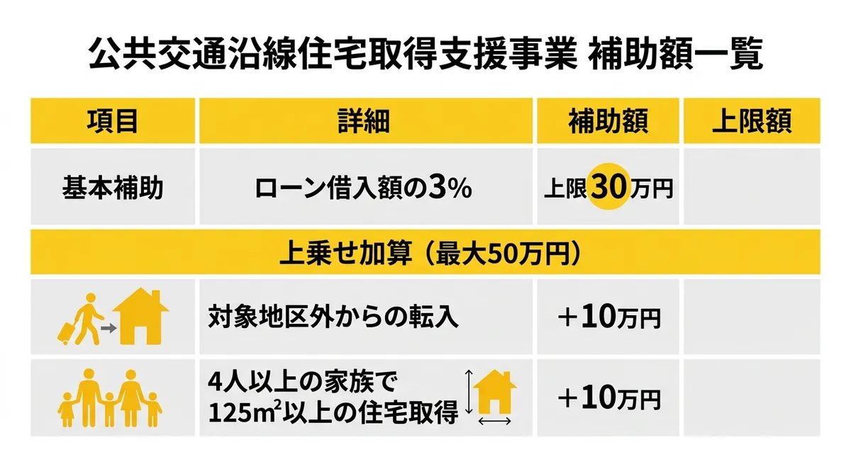公共交通沿線住宅取得支援事業の補助額一覧