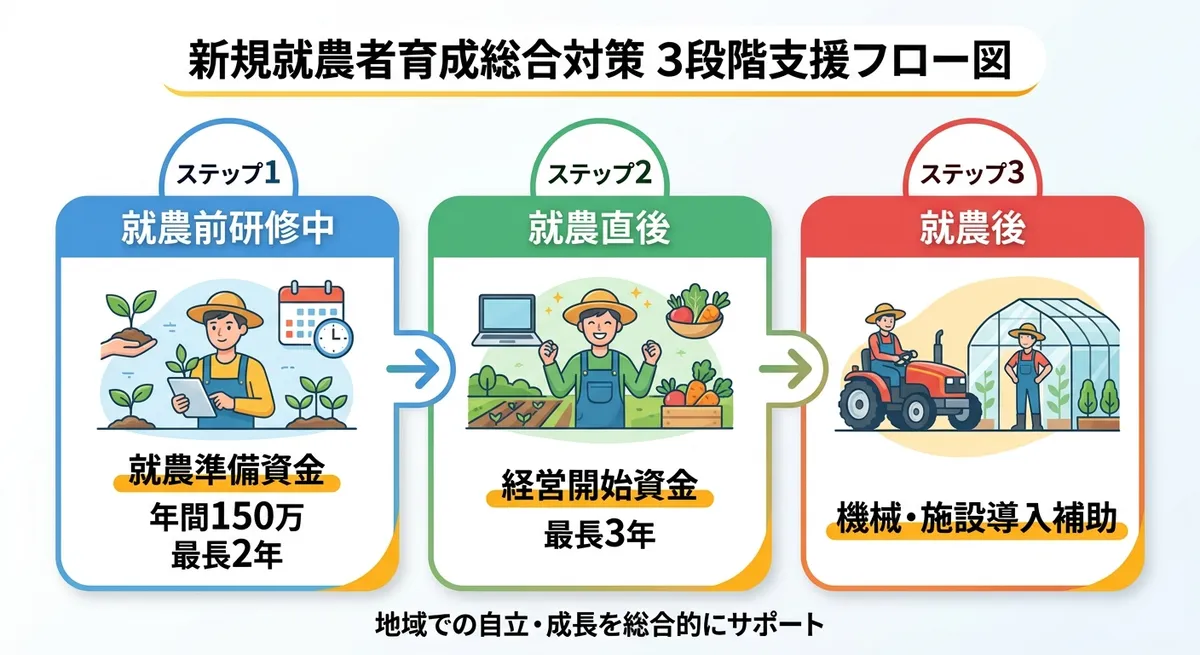 就農準備資金・経営開始資金・経営発展支援事業の3段階フロー図