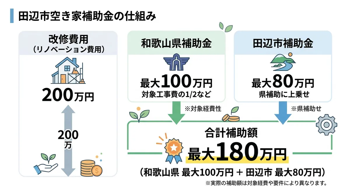 田辺市空き家改修補助金の仕組み（県と市の上乗せ構造）