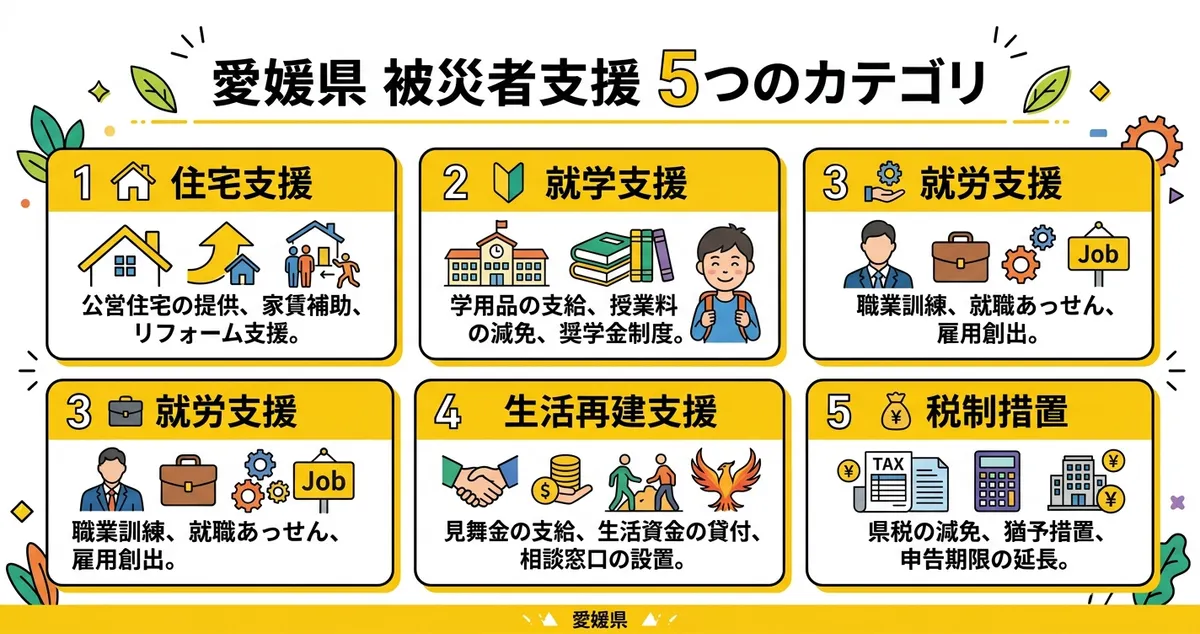 愛媛県 被災者向け支援5つのカテゴリ比較図