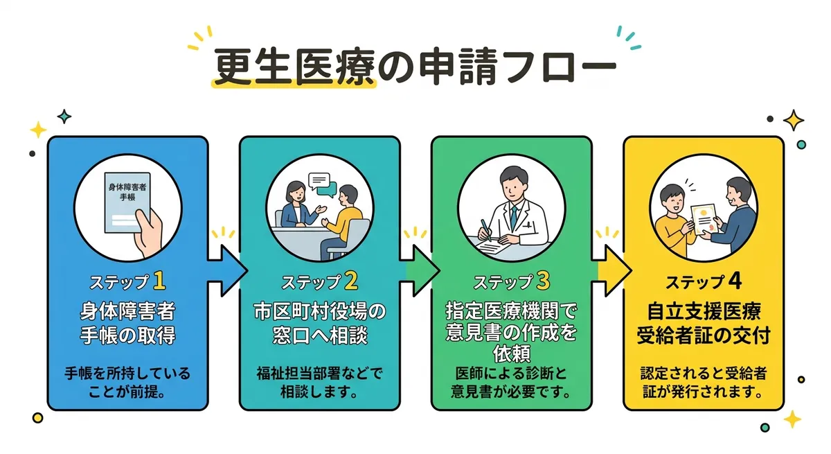 申請フロー図 身体障害者手帳取得→市町相談→意見書取得→受給者証交付