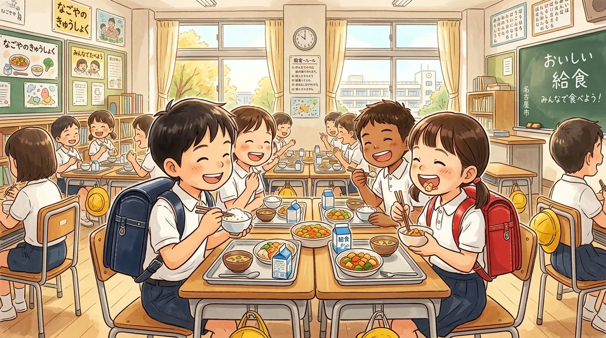 名古屋市の小学校で給食を食べる子どもたちのイラスト