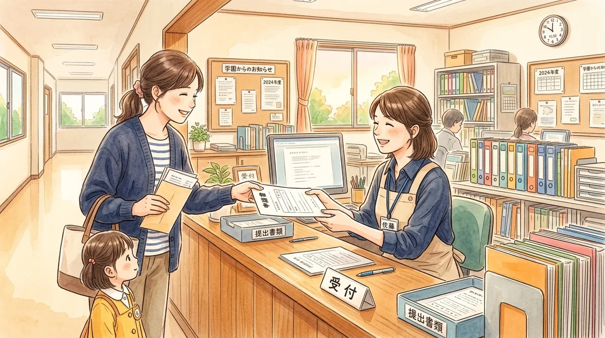 学校の事務室で申請書を提出する保護者と先生