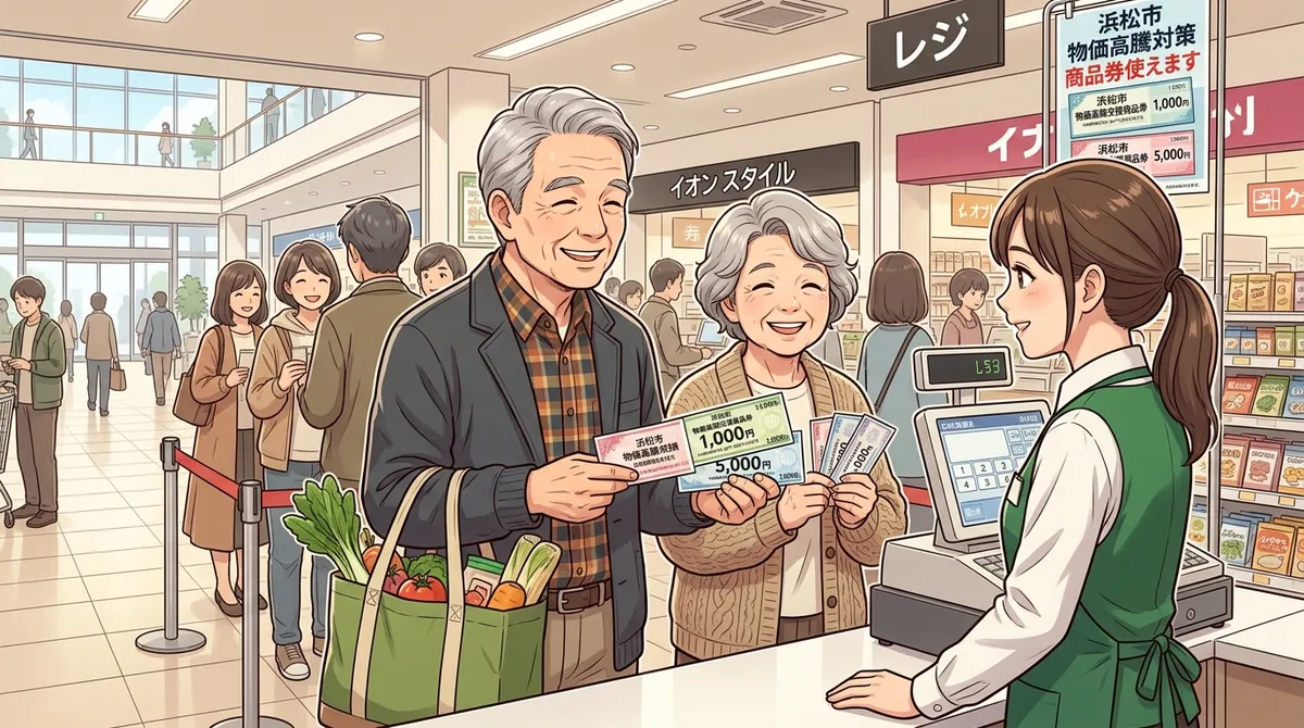 浜松市のショッピングモールで商品券を使う高齢夫婦のイラスト