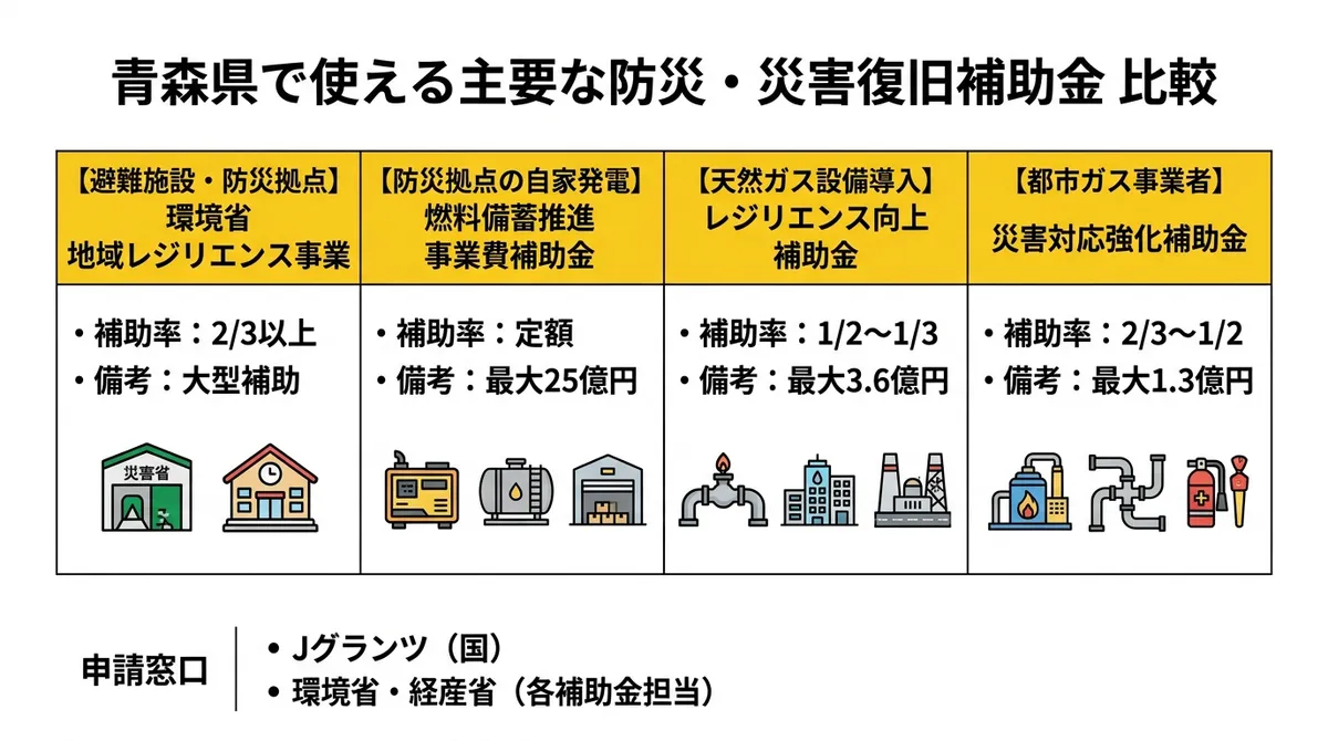 青森県で使える主要な防災・災害復旧補助金 比較