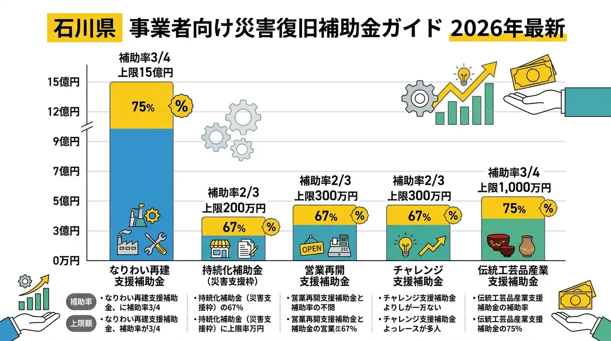 石川県の事業者向け災害復旧補助金の比較図（補助率・上限額一覧インフォグラフィック）