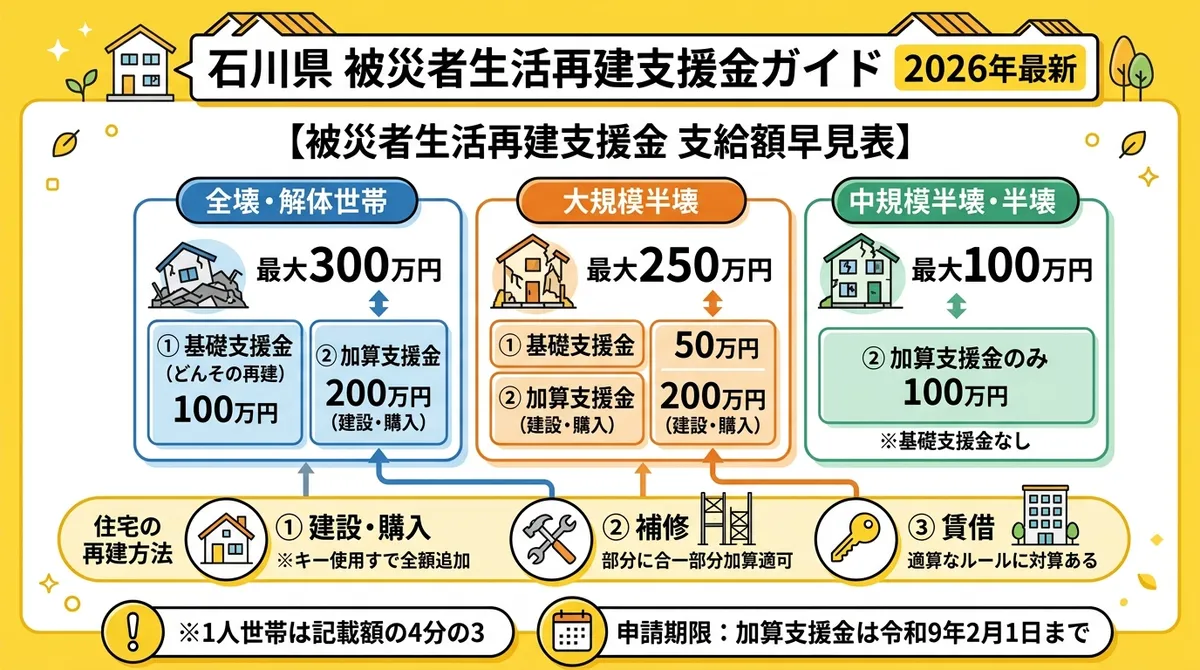 石川県の個人・世帯向け被災者生活再建支援金の支給額早見表（図解）